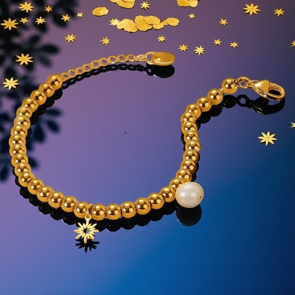 🆕️18K Gold Plated Stainless Steel Beaded Bracelet with Sun & Pearl Charms ✨ - Picture 1 of 15